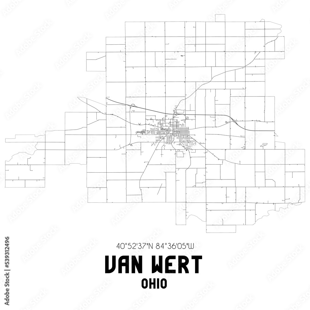 Van Wert Ohio. US street map with black and white lines.
