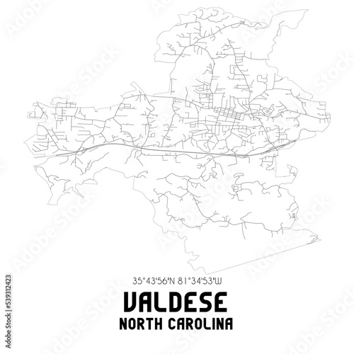 Valdese North Carolina. US street map with black and white lines.