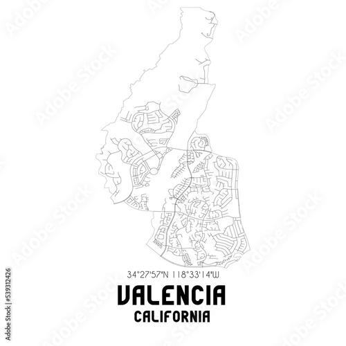 Valencia California. US street map with black and white lines.