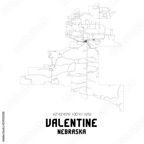 Valentine Nebraska. US street map with black and white lines.