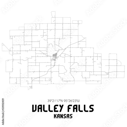 Valley Falls Kansas. US street map with black and white lines.