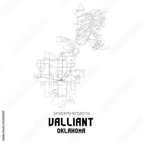 Valliant Oklahoma. US street map with black and white lines.