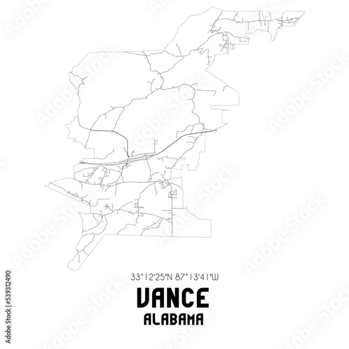 Vance Alabama. US street map with black and white lines.