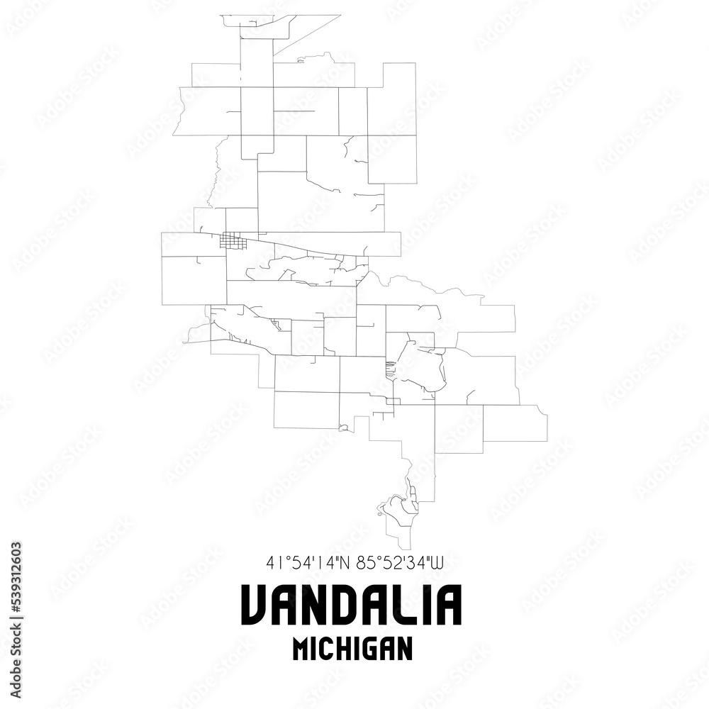 Vandalia Michigan. US street map with black and white lines.
