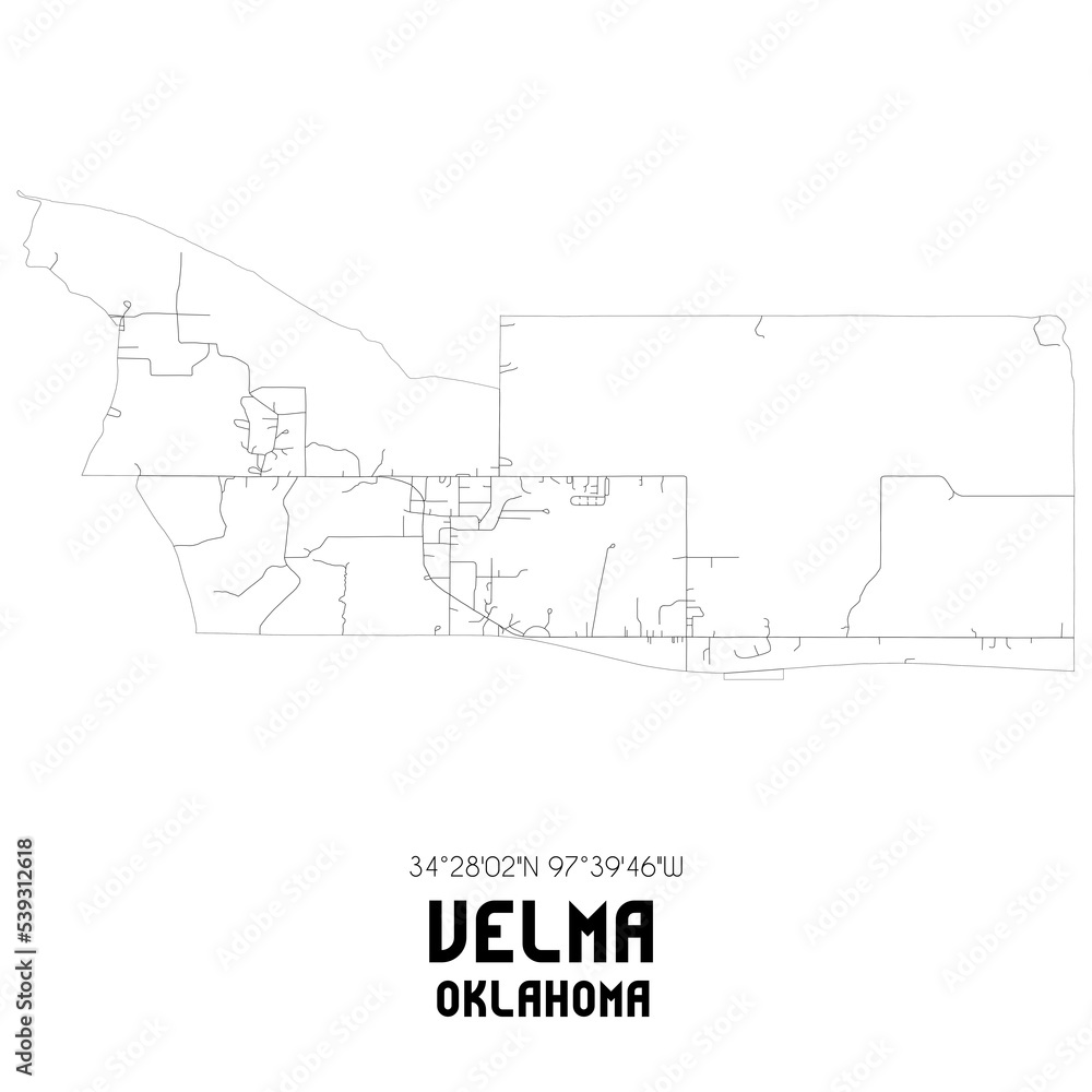 Velma Oklahoma. US street map with black and white lines.