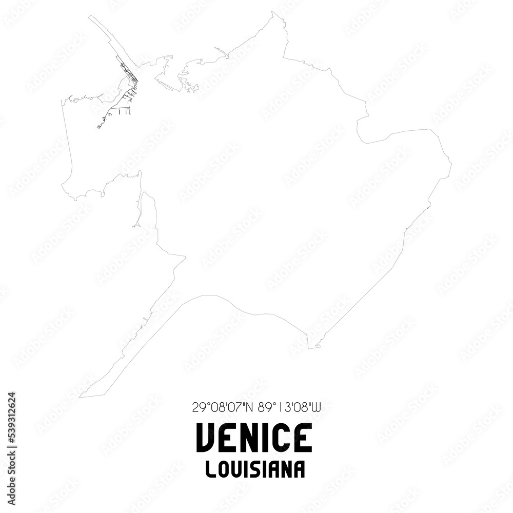 Venice Louisiana. US street map with black and white lines.