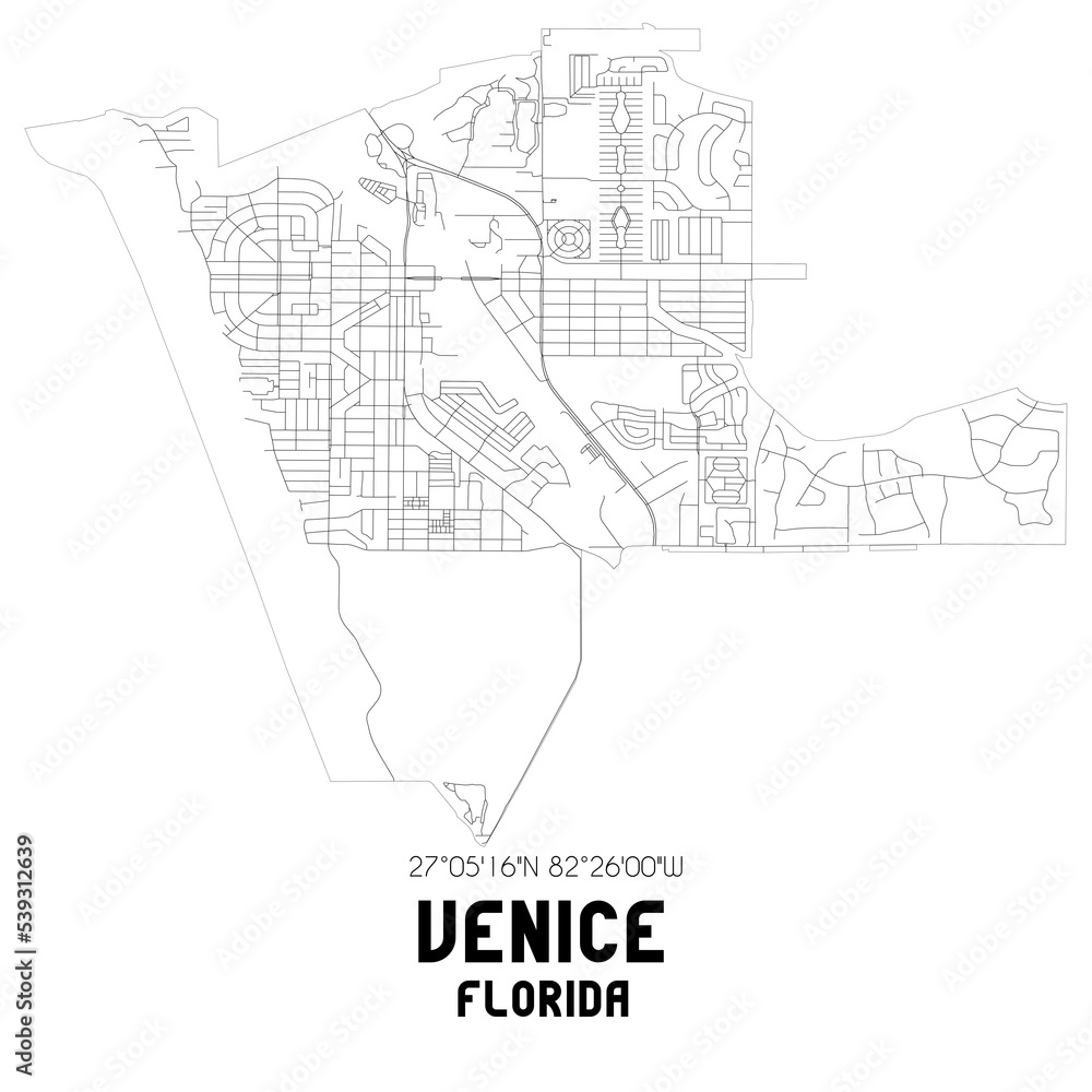 Venice Florida. US street map with black and white lines.