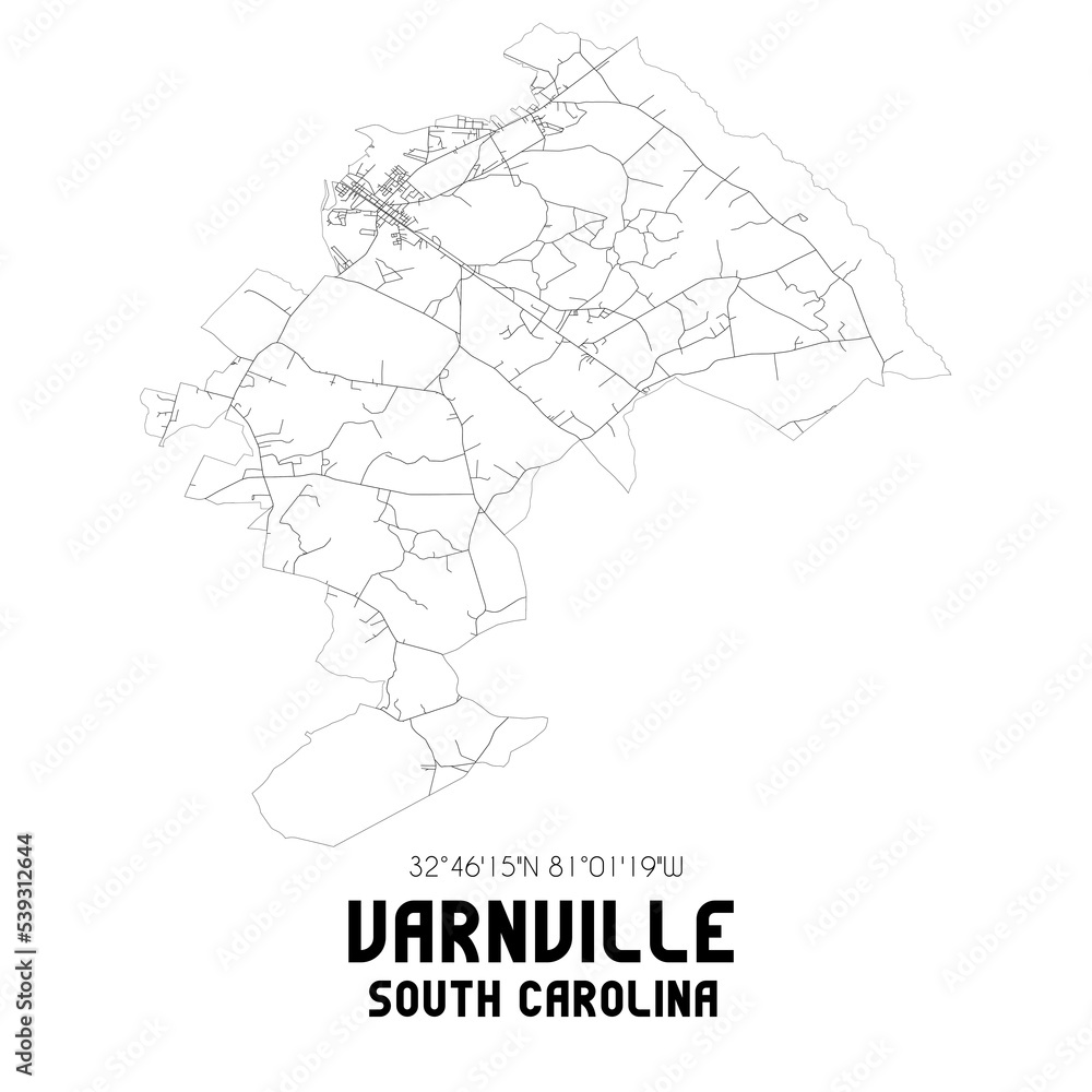 Varnville South Carolina. US street map with black and white lines.