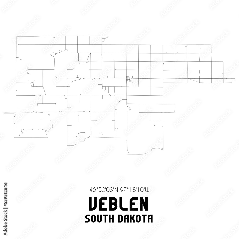 Veblen South Dakota. US street map with black and white lines.