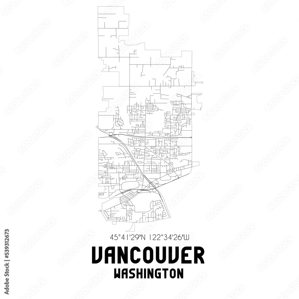 Vancouver Washington. US street map with black and white lines.