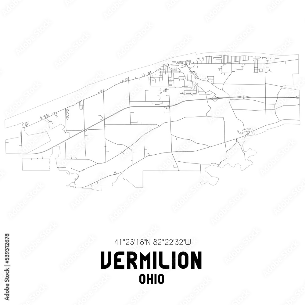 Vermilion Ohio. US street map with black and white lines.