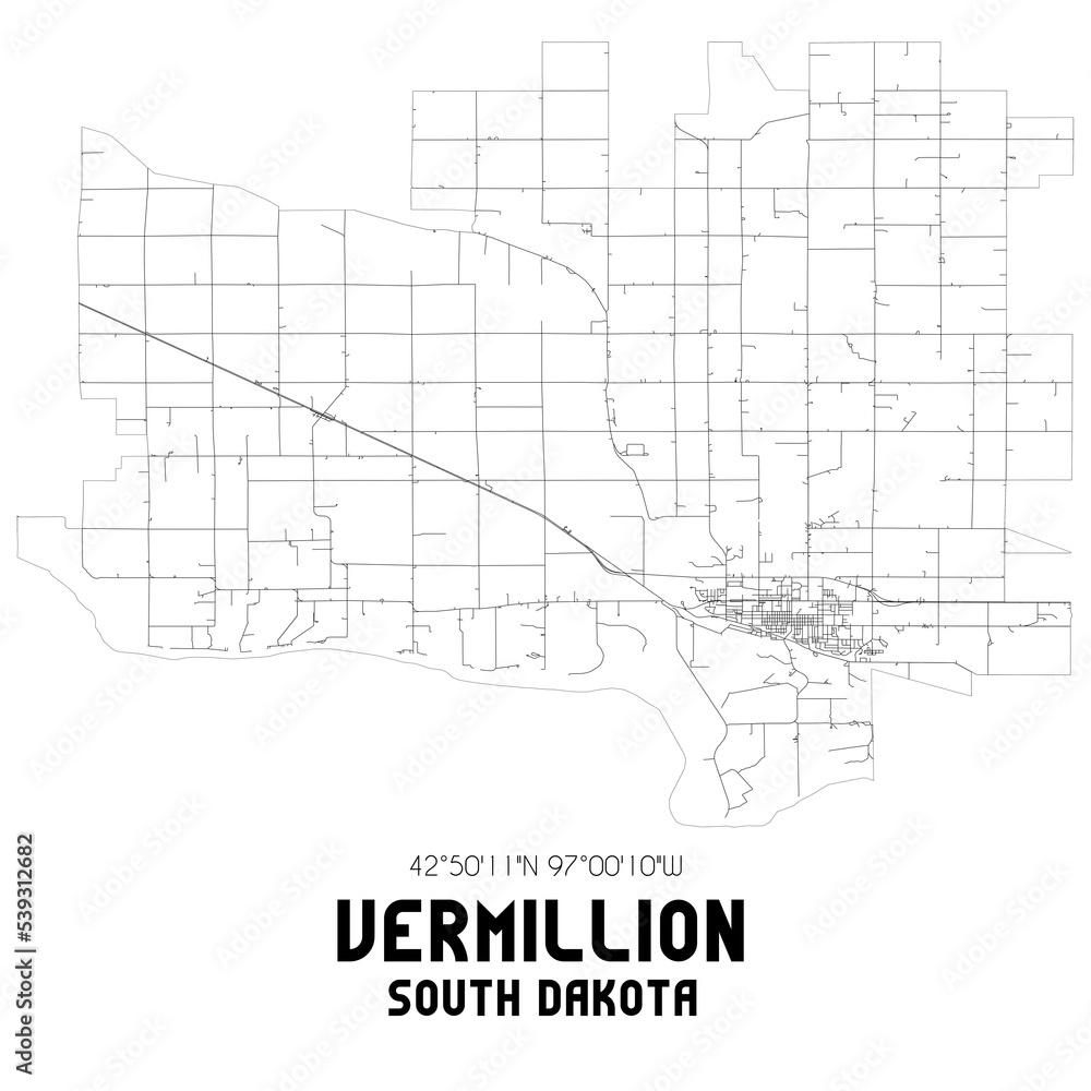 Vermillion South Dakota. US street map with black and white lines.