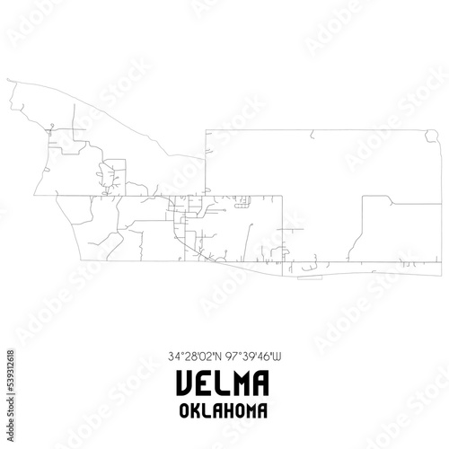 Velma Oklahoma. US street map with black and white lines.
