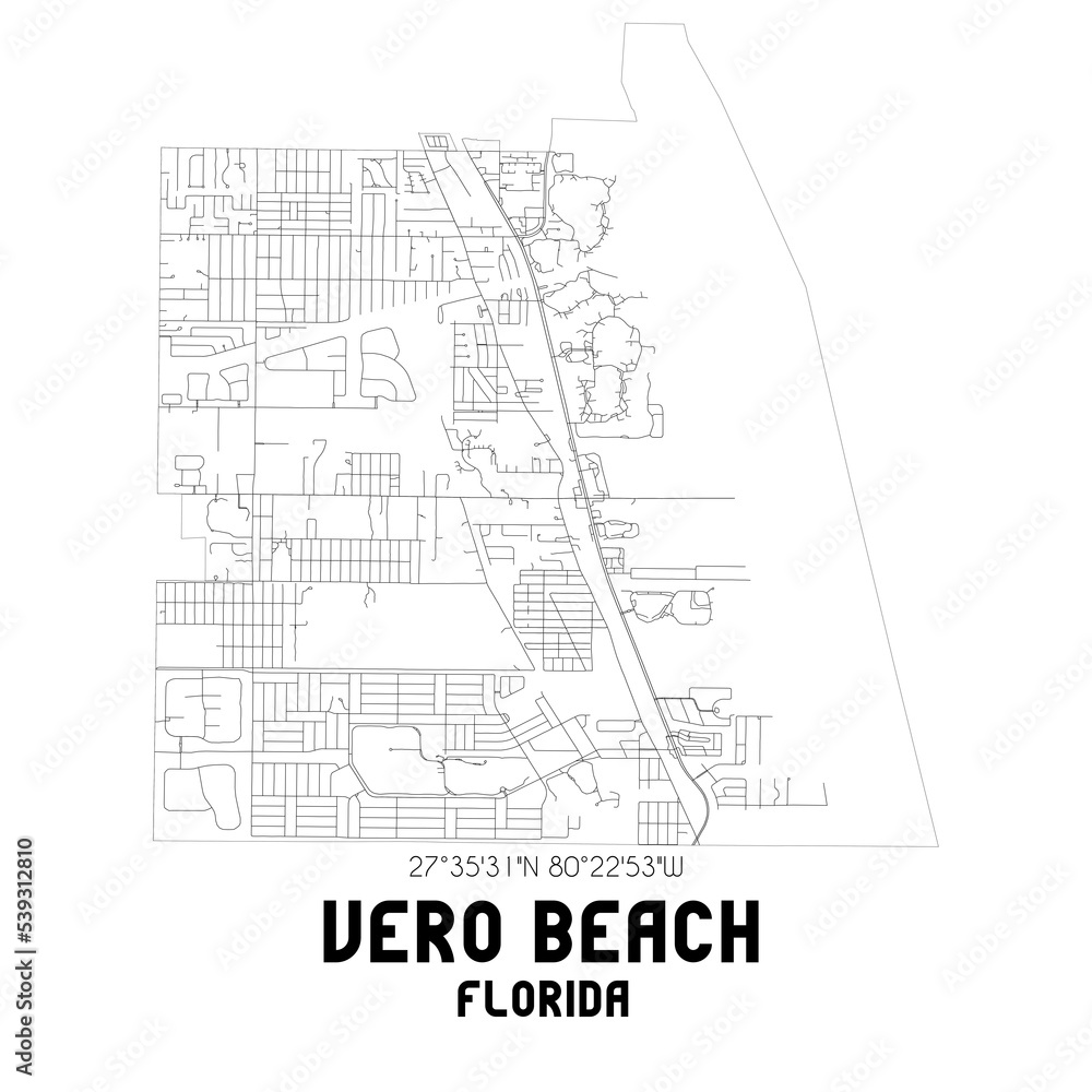 Vero Beach Florida. US street map with black and white lines.
