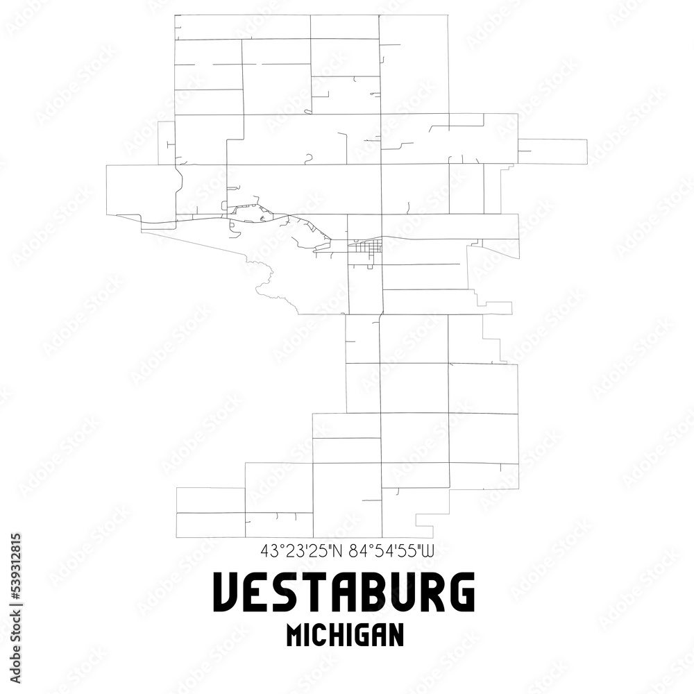 Vestaburg Michigan. US street map with black and white lines.