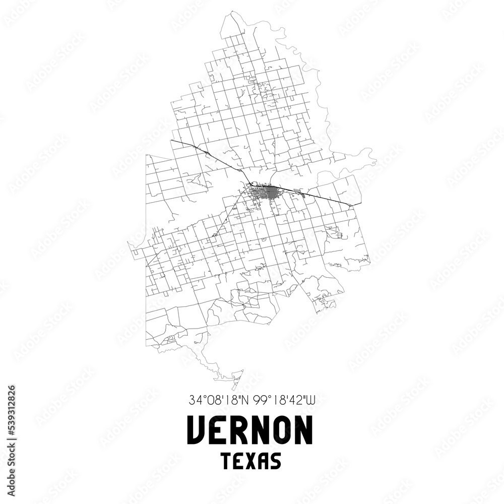 Vernon Texas. US street map with black and white lines.