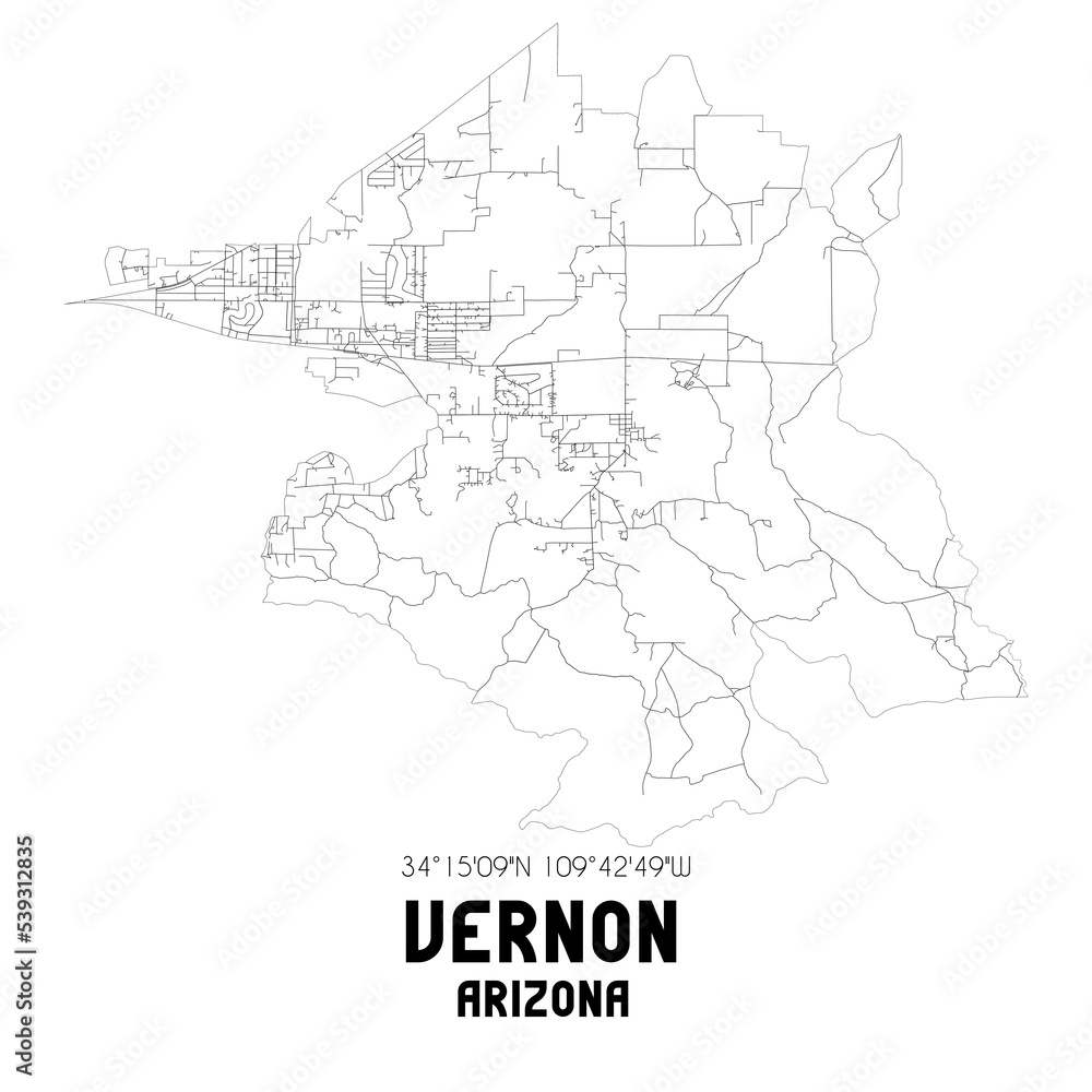 Vernon Arizona. US street map with black and white lines.
