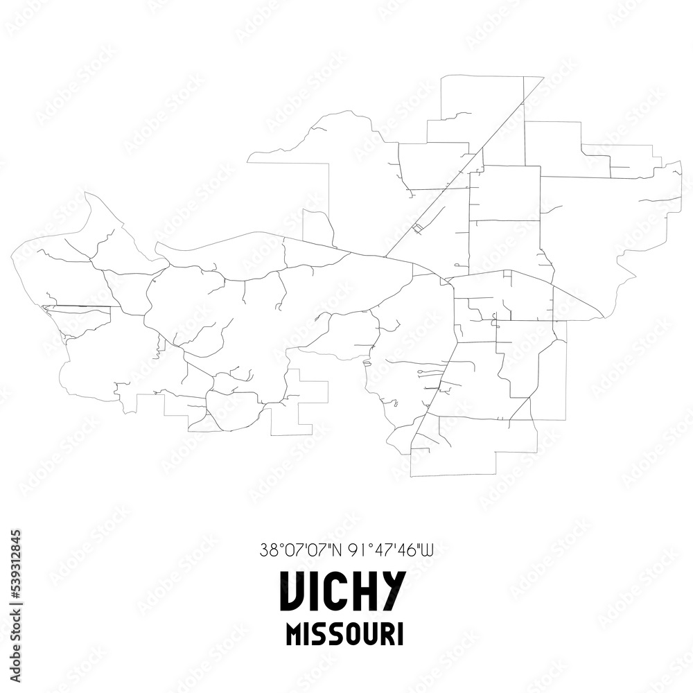 Vichy Missouri. US street map with black and white lines.