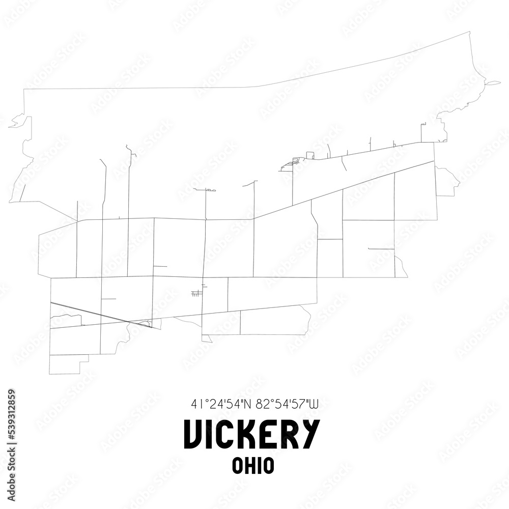 Vickery Ohio. US street map with black and white lines.