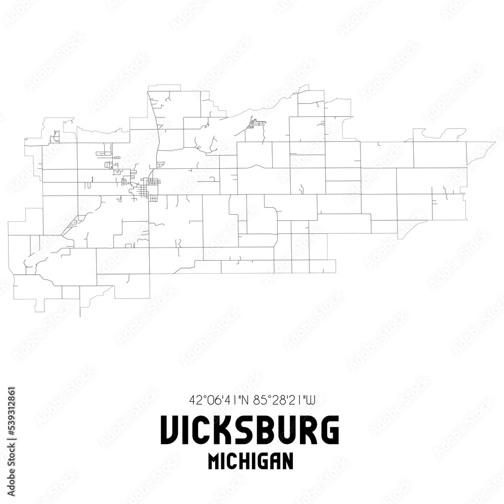 Vicksburg Michigan. US street map with black and white lines.