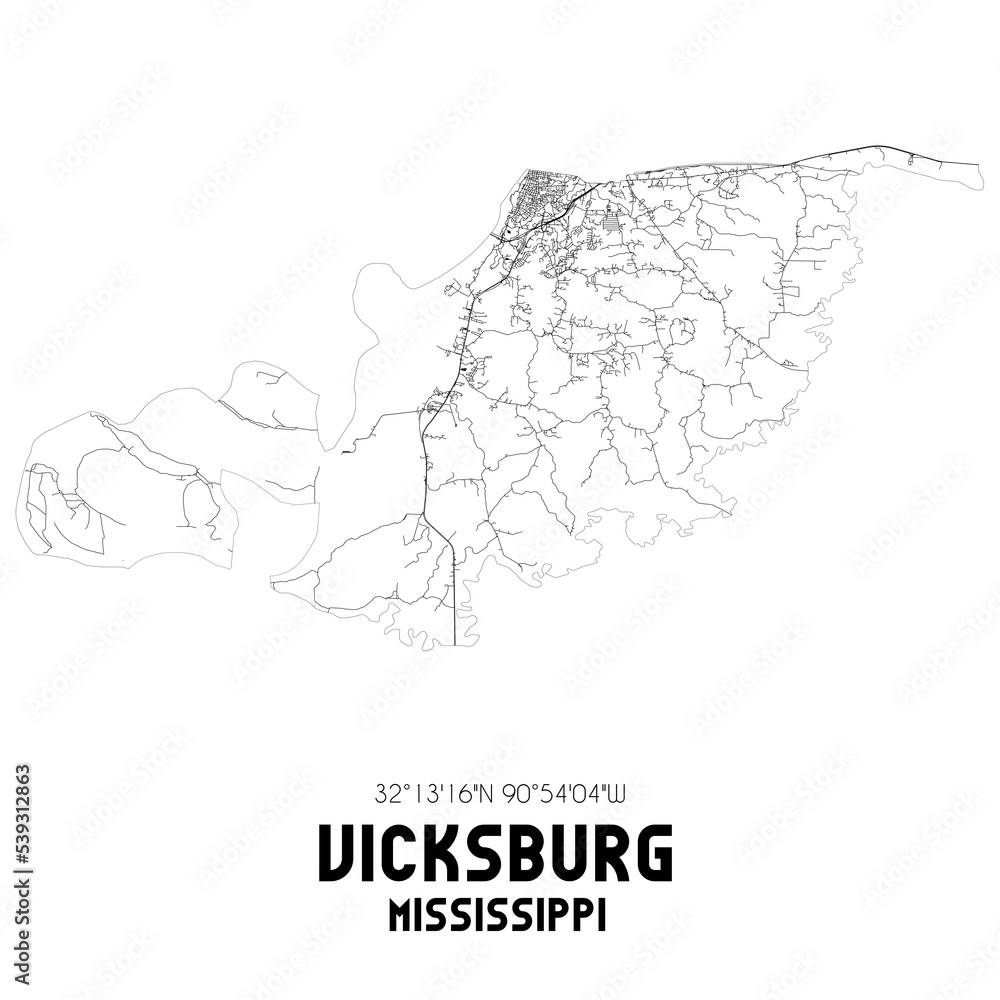 Vicksburg Mississippi. US street map with black and white lines.