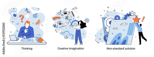 Creative thinking. People with different mental mindset types or model creative. Imaginative logical and structural thinking. MBTI person metaphor. Non standart solution. Brain think people solve idea