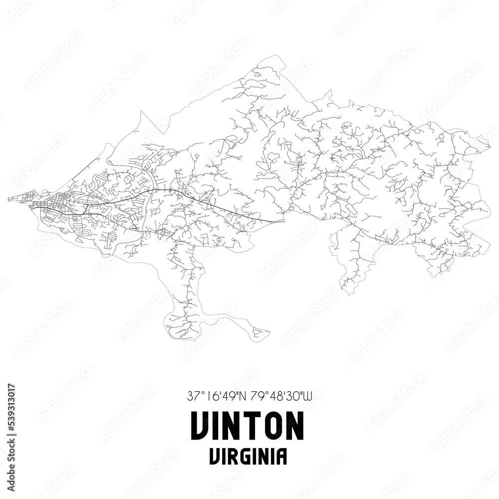 Vinton Virginia. US street map with black and white lines.