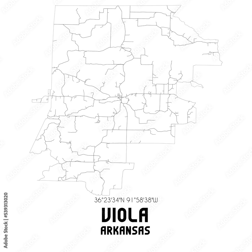 Viola Arkansas. US street map with black and white lines.