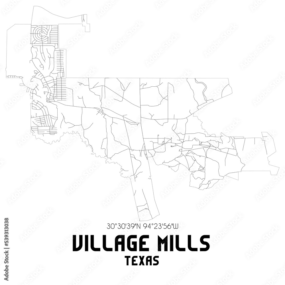 Village Mills Texas. US street map with black and white lines.