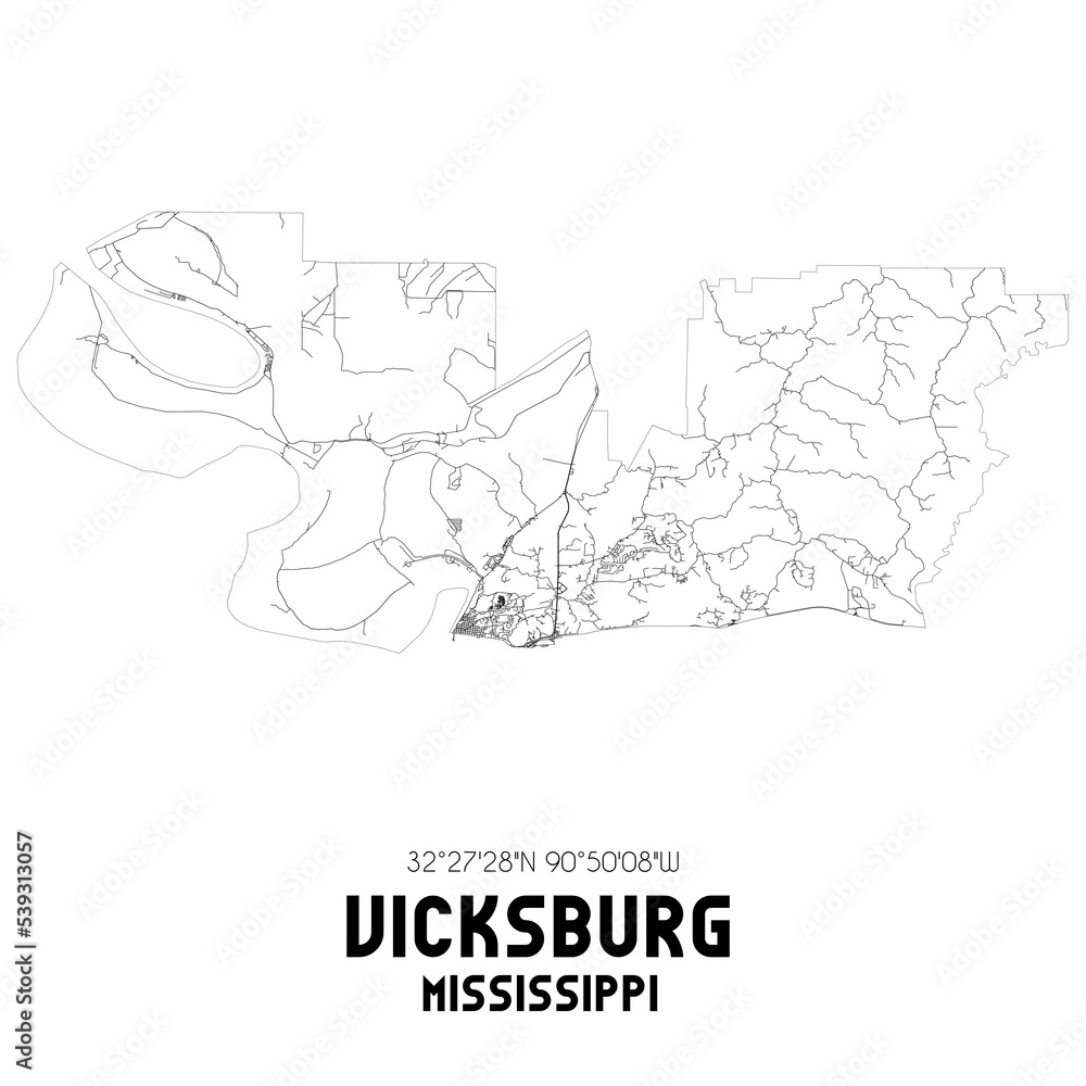 Vicksburg Mississippi. US street map with black and white lines.