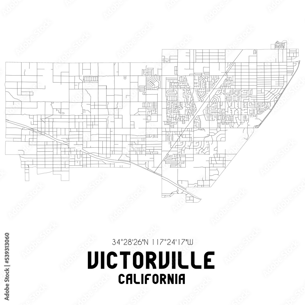 Victorville California. US street map with black and white lines.