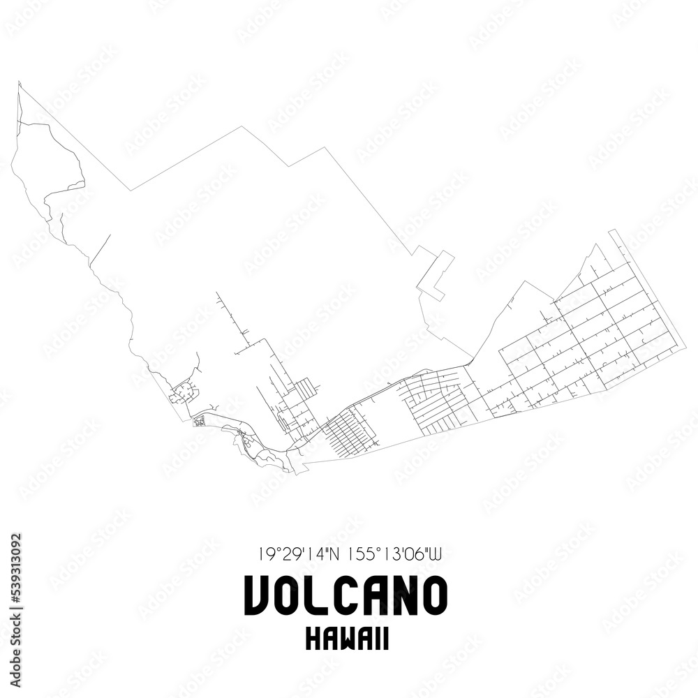 Volcano Hawaii. US street map with black and white lines.