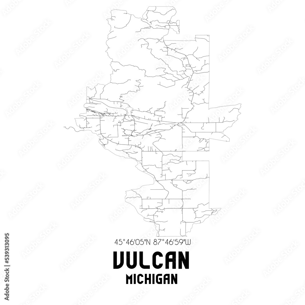 Vulcan Michigan. US street map with black and white lines.