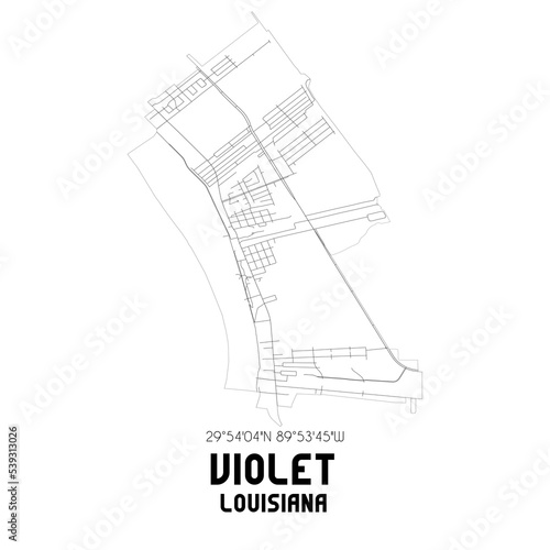 Violet Louisiana. US street map with black and white lines.