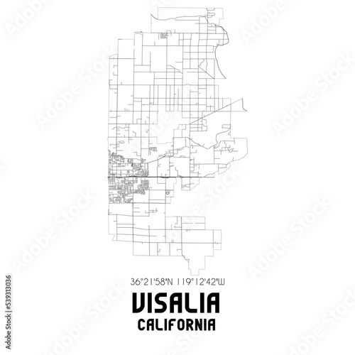 Visalia California. US street map with black and white lines.
