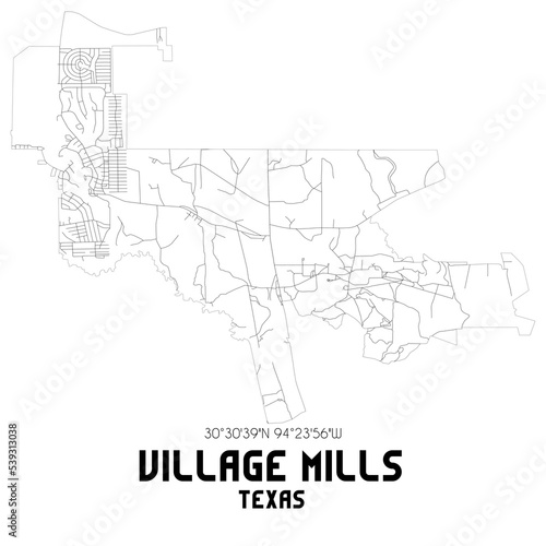 Village Mills Texas. US street map with black and white lines.