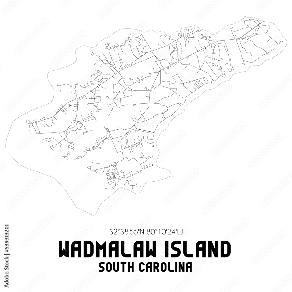 Wadmalaw Island South Carolina. US street map with black and white lines.
