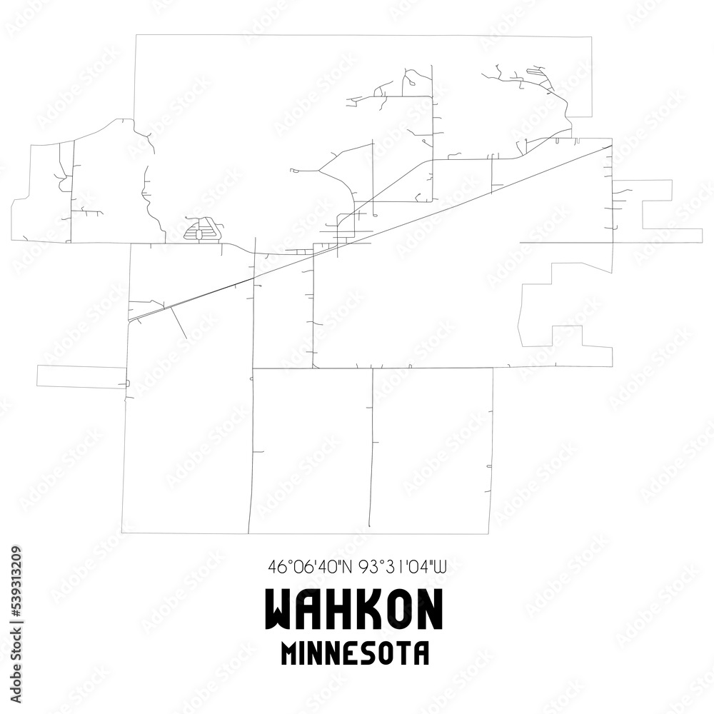 Wahkon Minnesota. US street map with black and white lines.