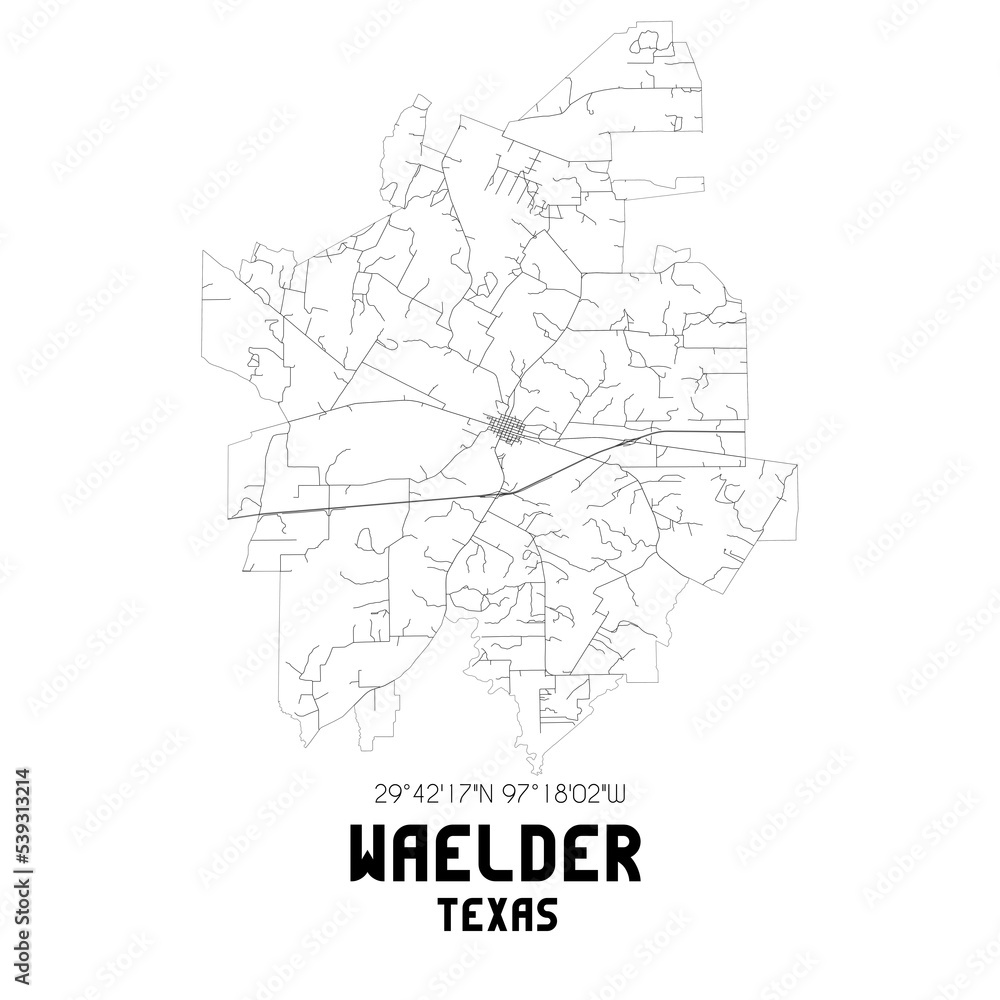 Waelder Texas. US street map with black and white lines.