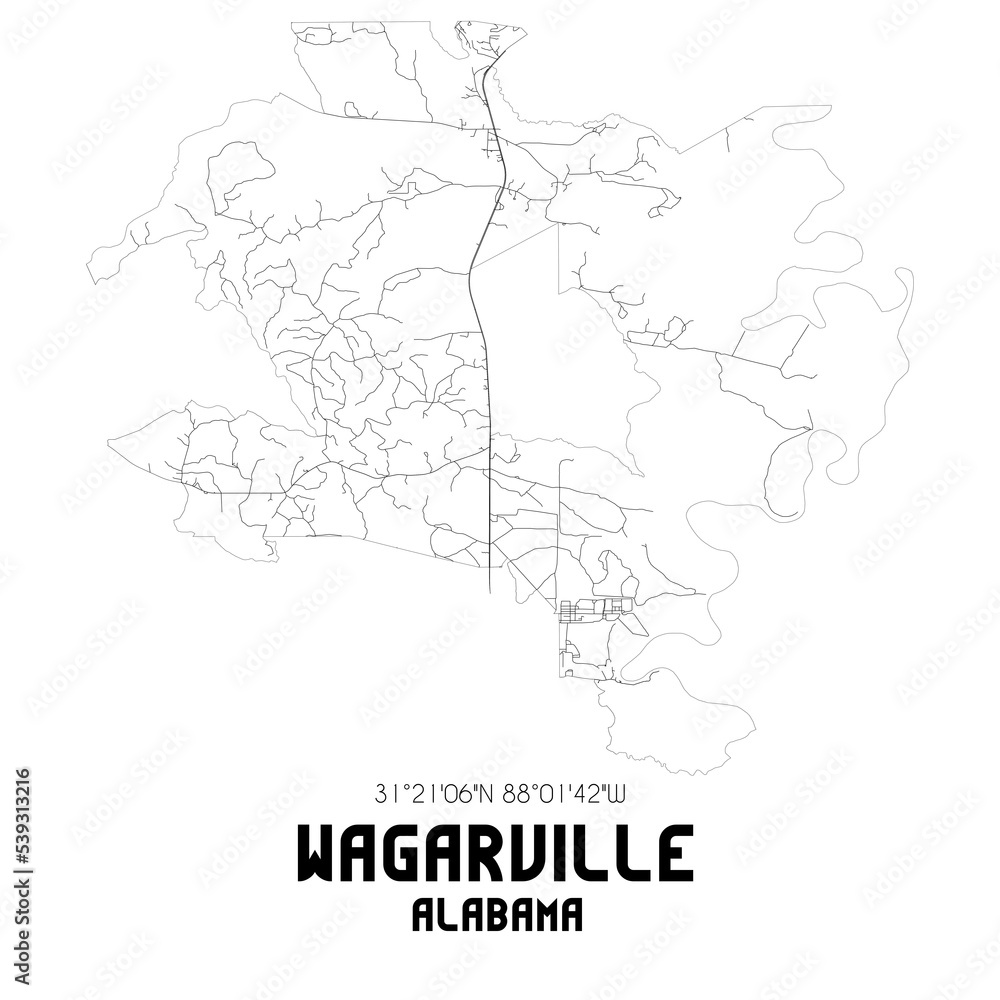 Wagarville Alabama. US street map with black and white lines.