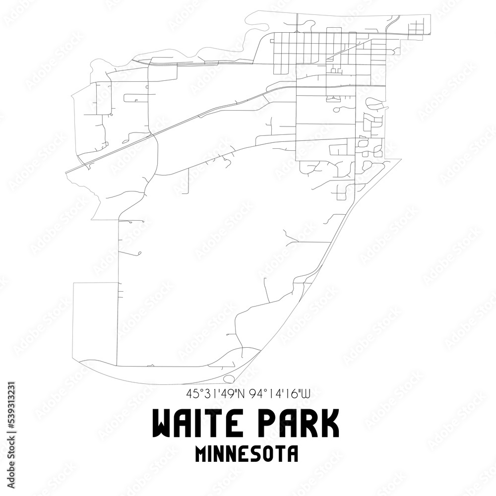 Waite Park Minnesota. US street map with black and white lines.