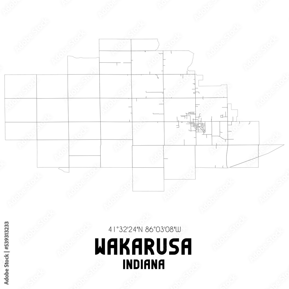 Wakarusa Indiana. US street map with black and white lines.