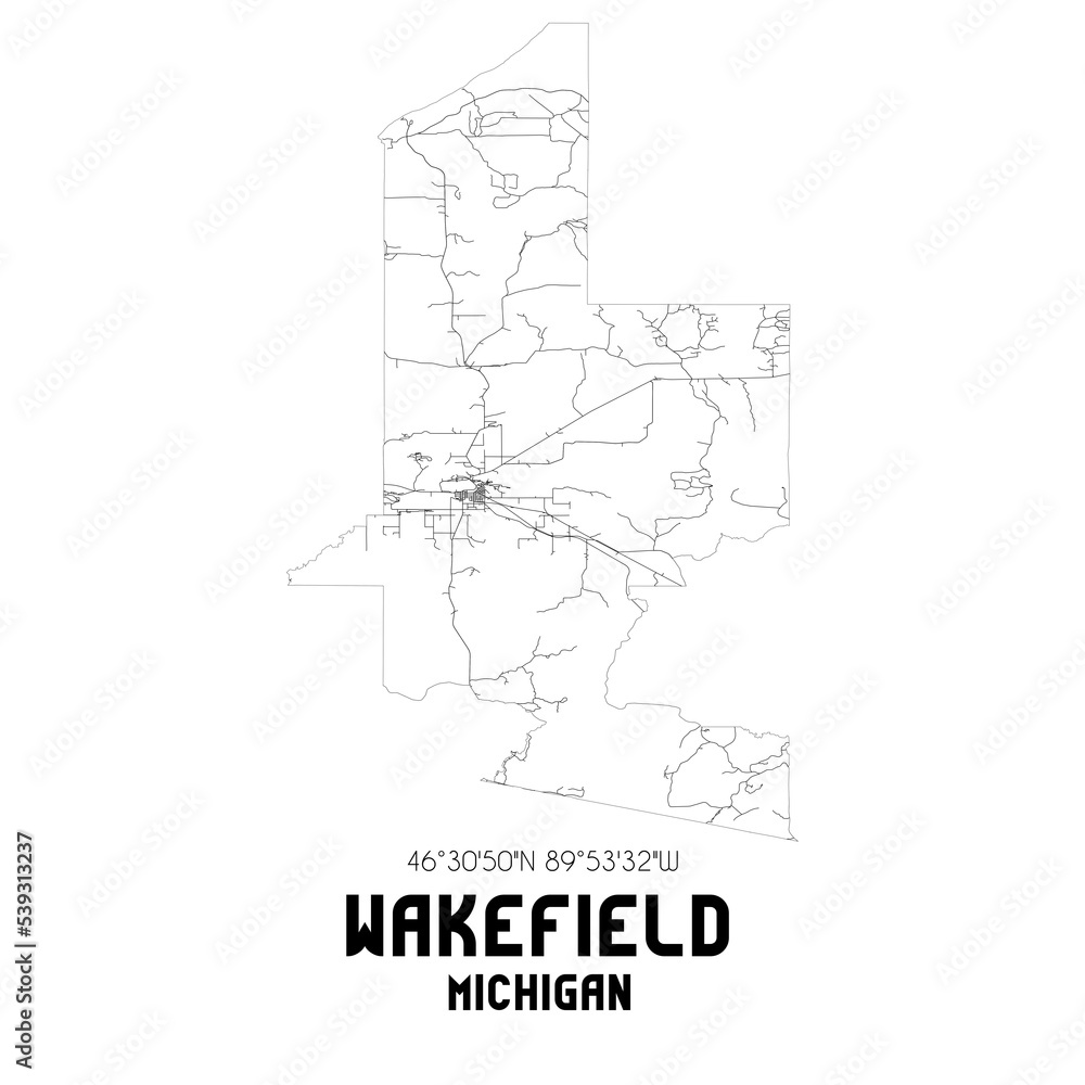 Wakefield Michigan. US street map with black and white lines.