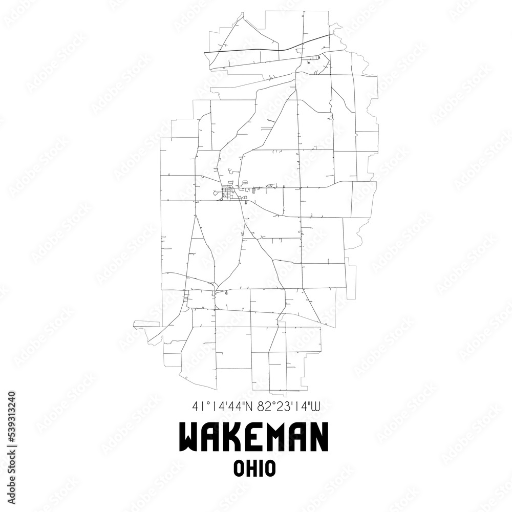 Wakeman Ohio. US street map with black and white lines.