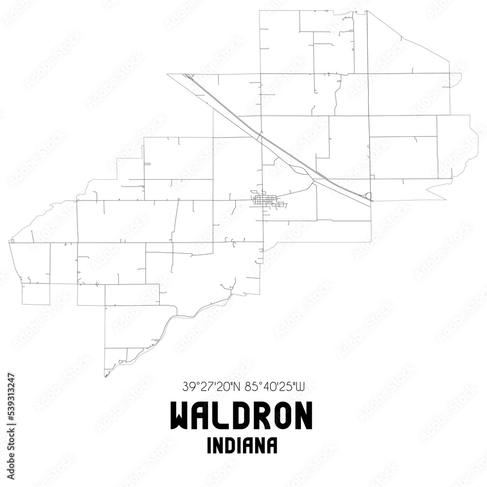 Waldron Indiana. US street map with black and white lines.