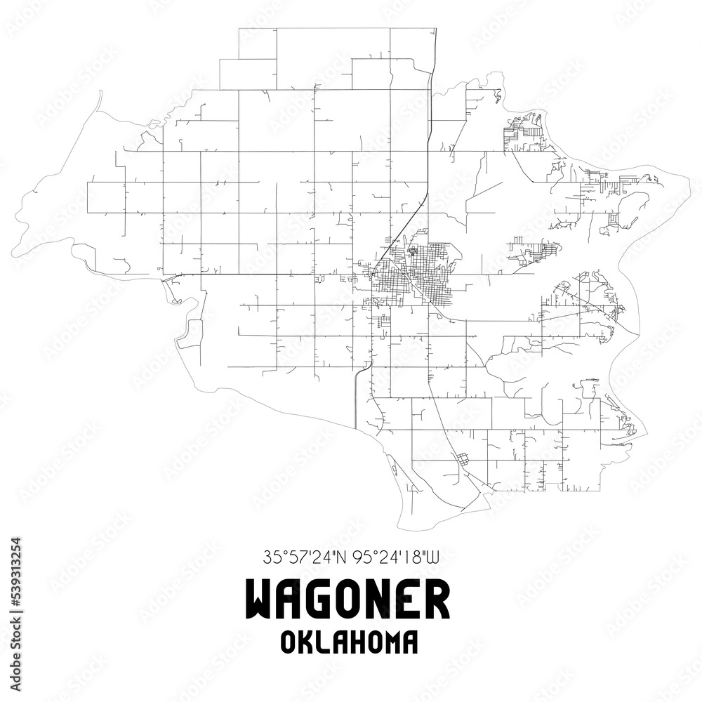 Wagoner Oklahoma. US street map with black and white lines.