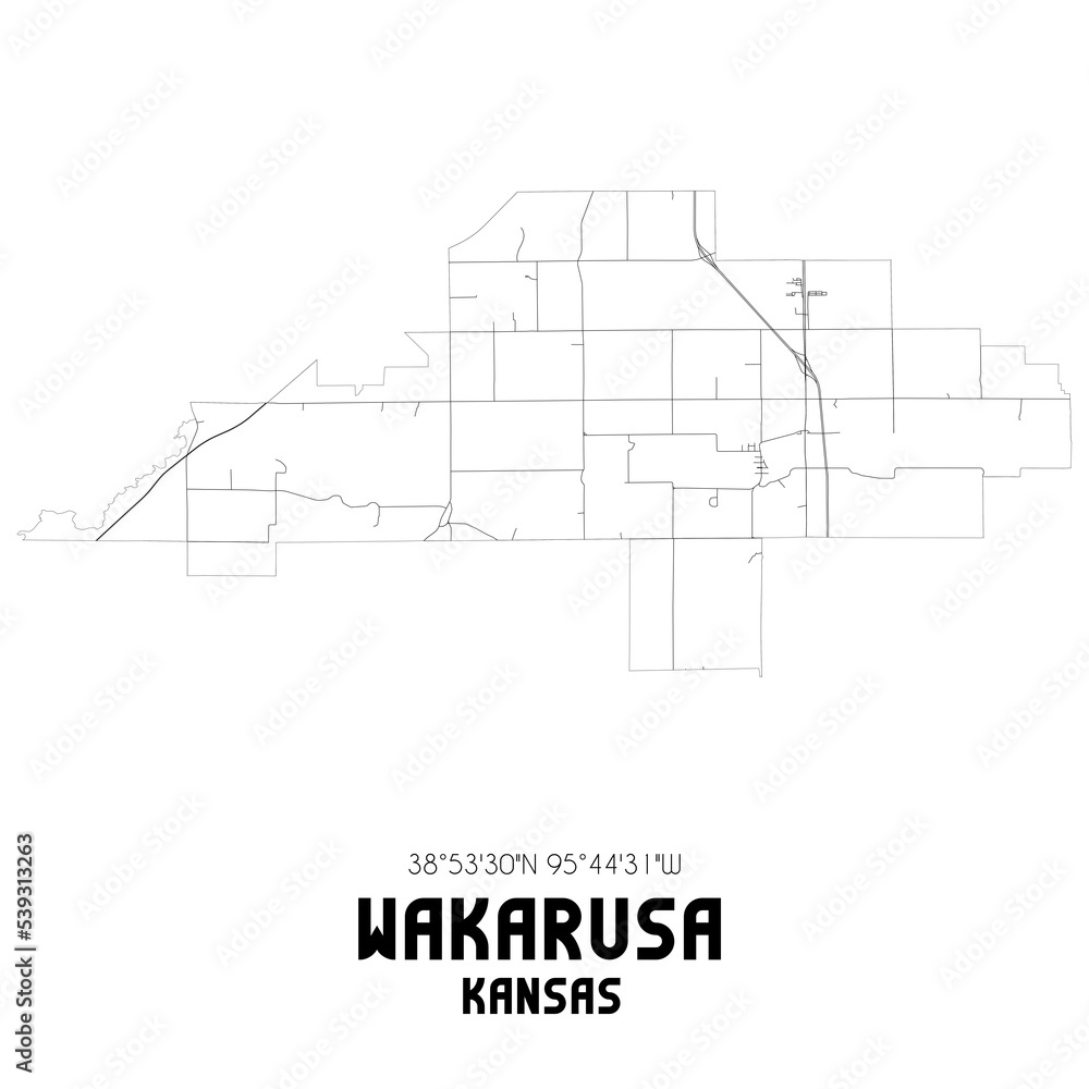 Wakarusa Kansas. US street map with black and white lines.
