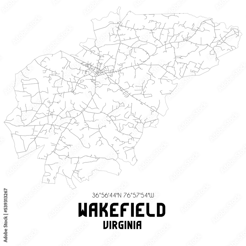Wakefield Virginia. US street map with black and white lines.
