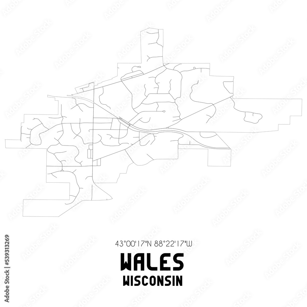 Wales Wisconsin. US street map with black and white lines.