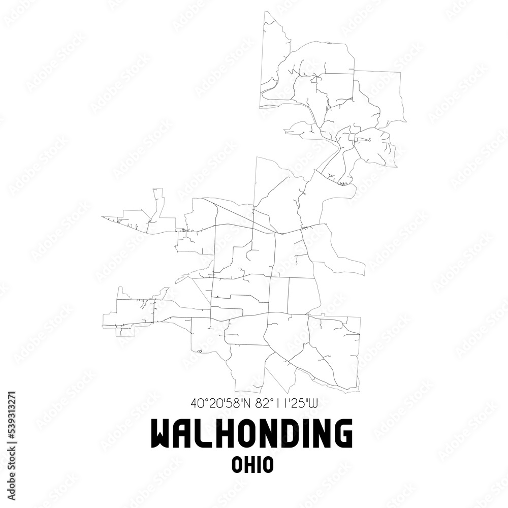 Walhonding Ohio. US street map with black and white lines.